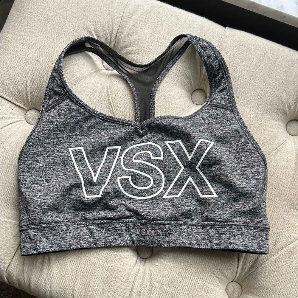 VSX Gray Heather Racerback Sports Bra with White Logo